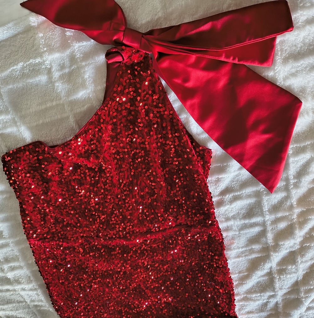 Red Sequin One-Shoulder Dress with Bow